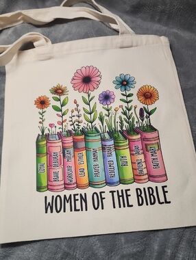 Women of the Bible Floral Canvas Tote Bag - Cream. 13x15